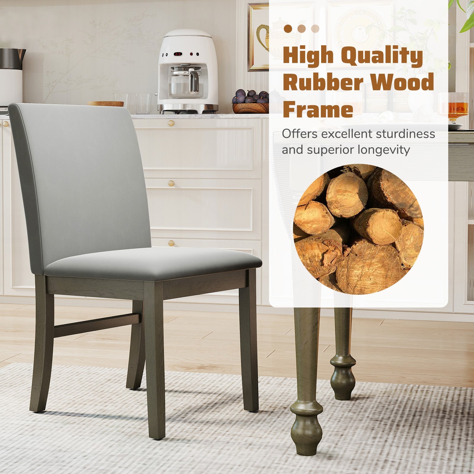 Upholstered Dining Chairs Set of 2 with Rubber Wood Legs and High Back-Gray