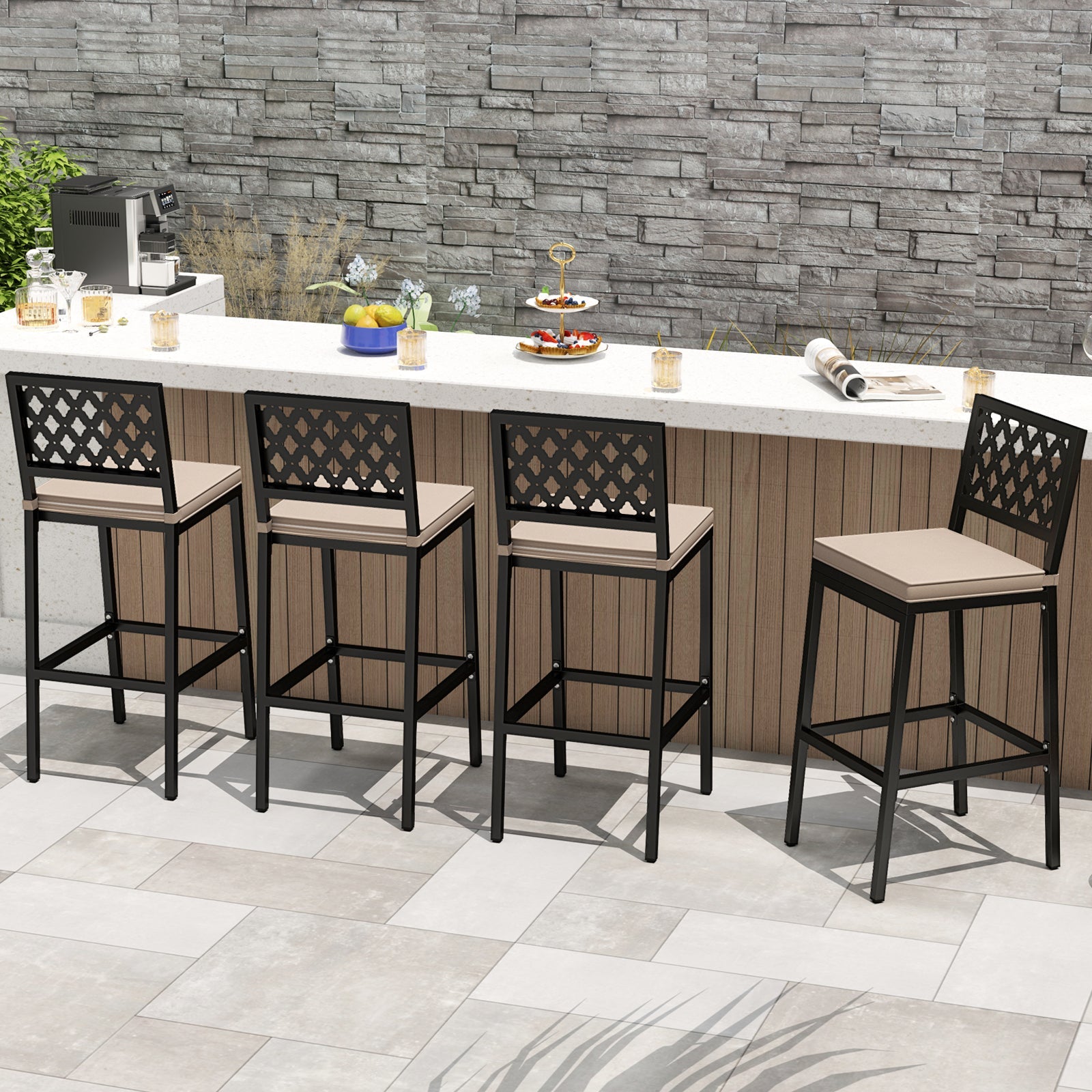 Set of 2 Patio Bar Chairs Counter Height with Detachable Cushion and Footrest-Argyle Pattern