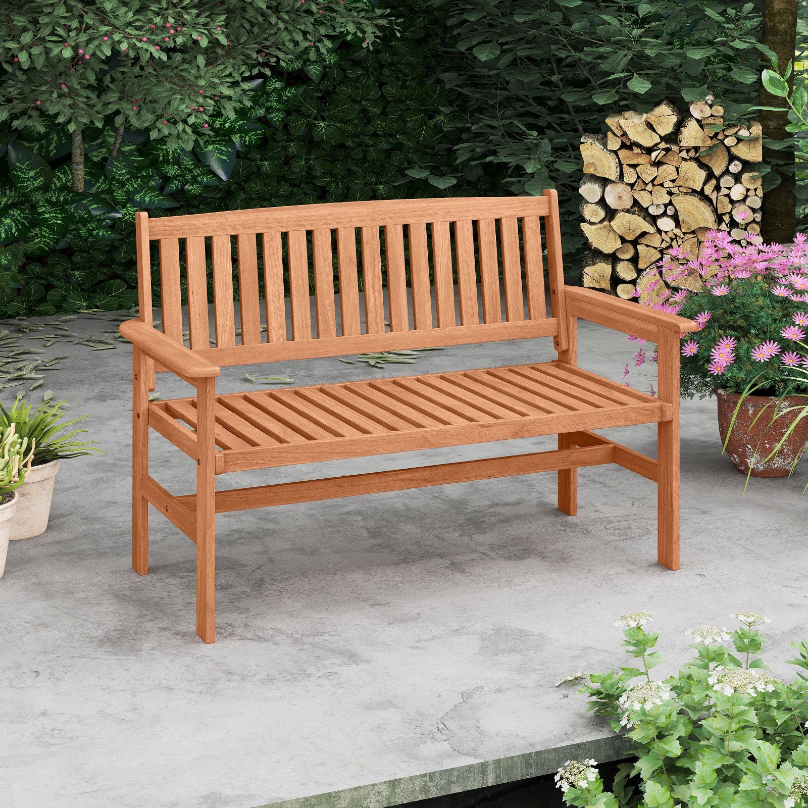 2-Person Patio Loveseat with Slatted Backrest and Comfortable Armrests