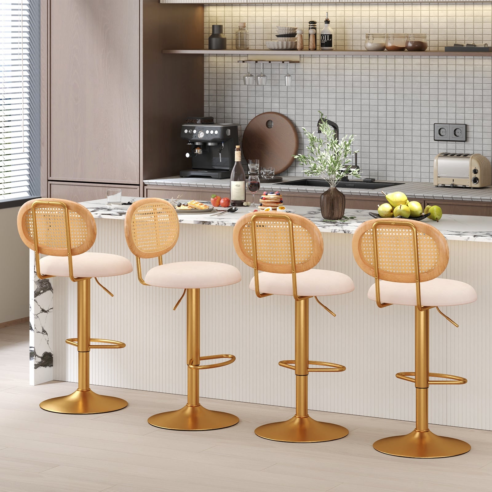 2 Pieces Bar Chairs with PE Rattan Backrest-360°Swivel and Height Adjustable