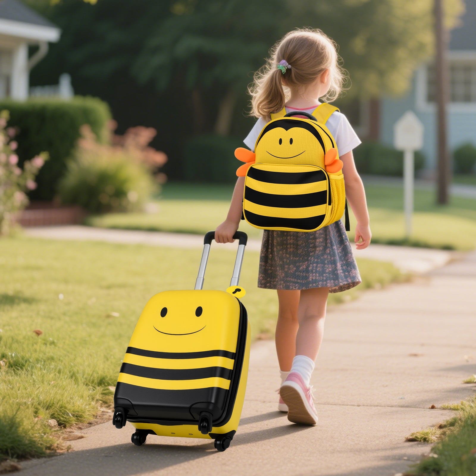 2 Pieces Kids Luggage Set on Wheels with Anti-Lose Rope and Retractable Rod-Yellow