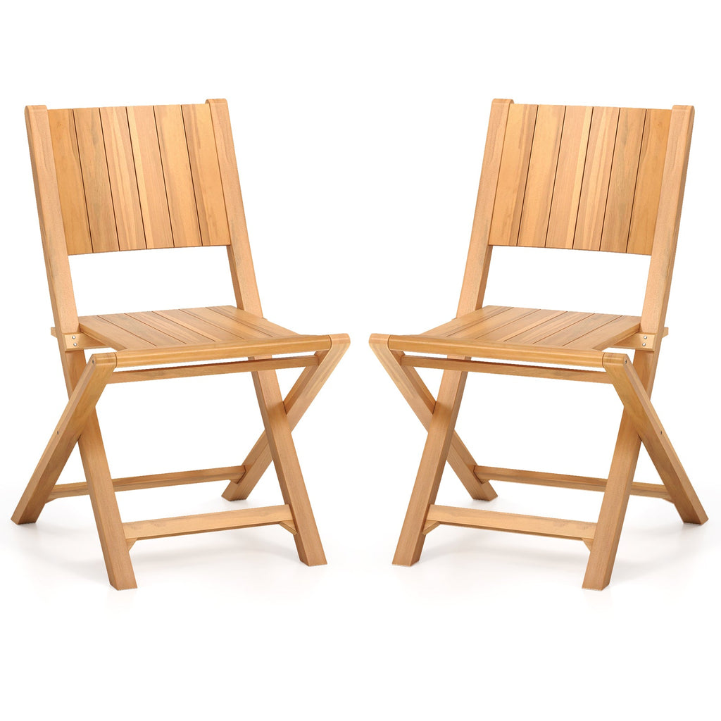 2 Pieces Teak Wood Outdoor Dining Chairs with Slatted Seat