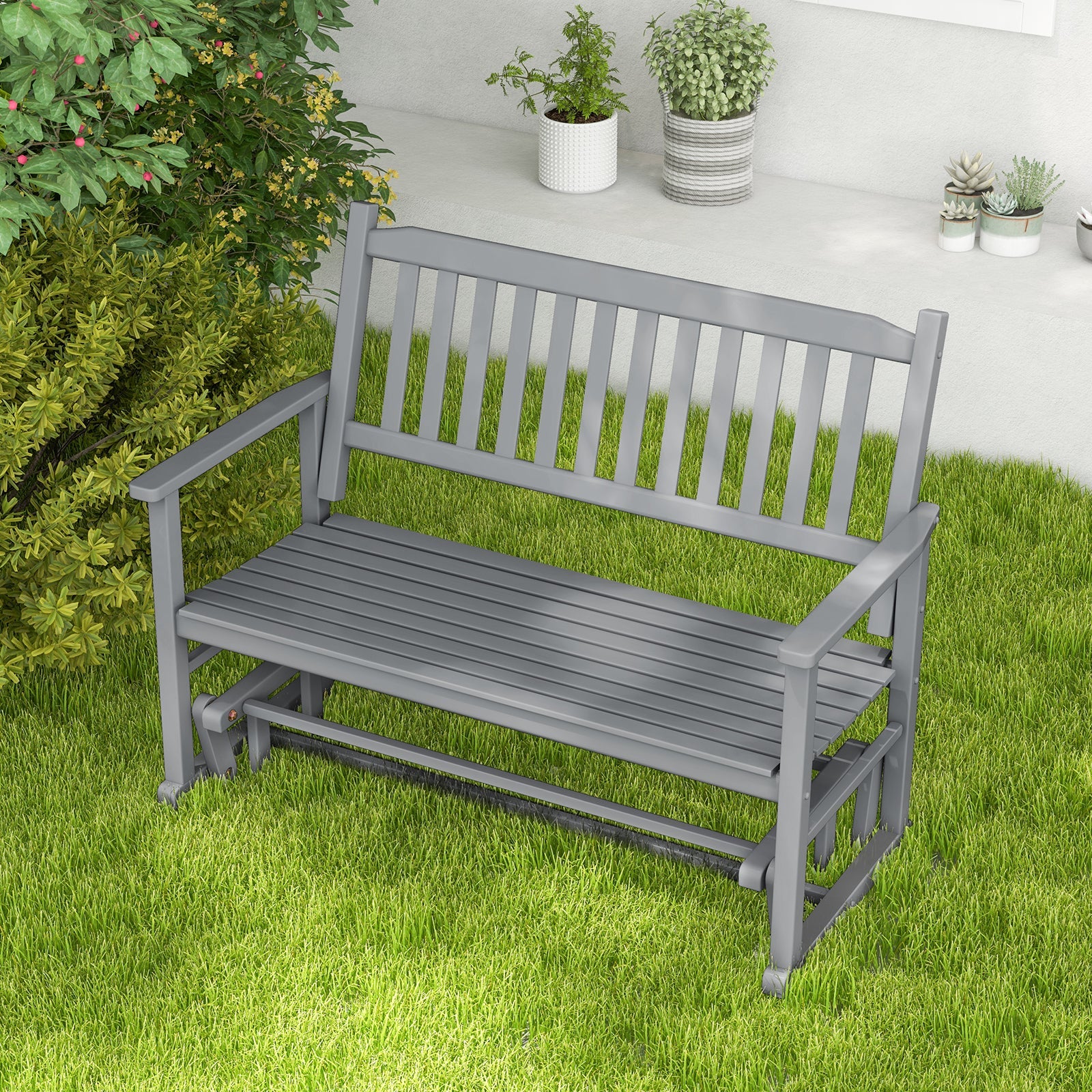 2 Seats Outdoor Glider Bench with Armrests and Slatted Seat