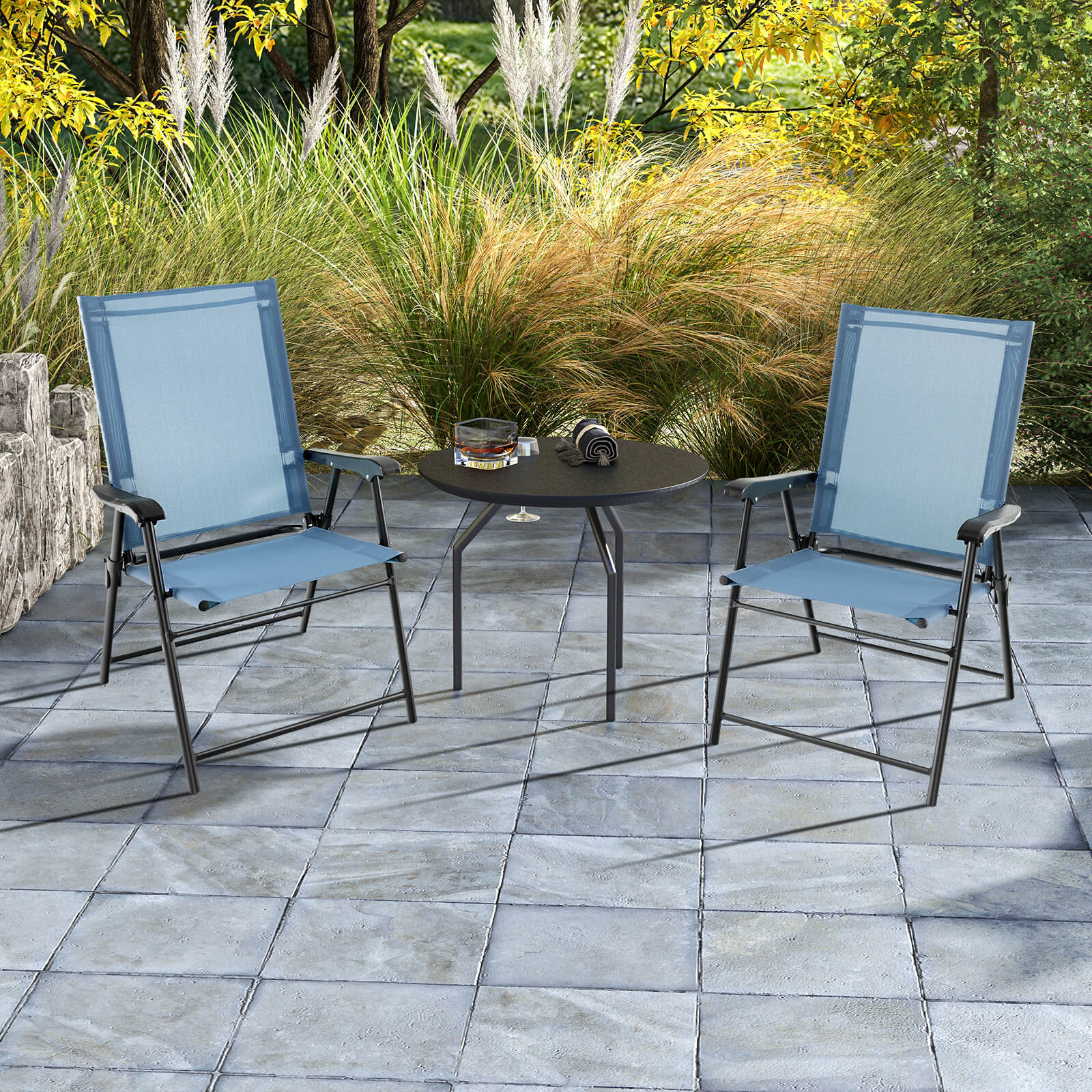 2 Set of Patio Dining Chair with Armrests and Metal Frame