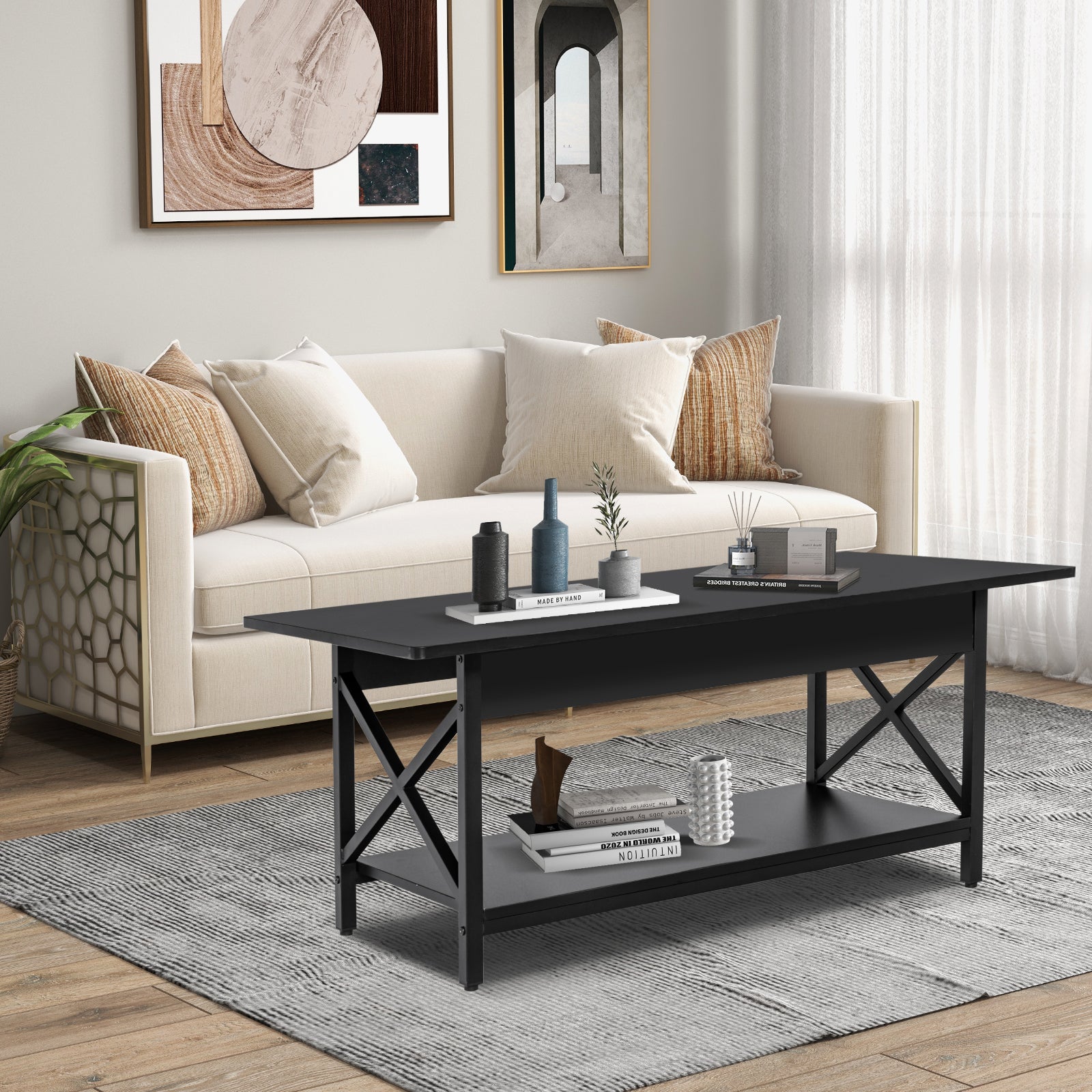 2-Tier Rectangle Coffee Table with Storage Shelf and X-shaped Metal Frame-Black