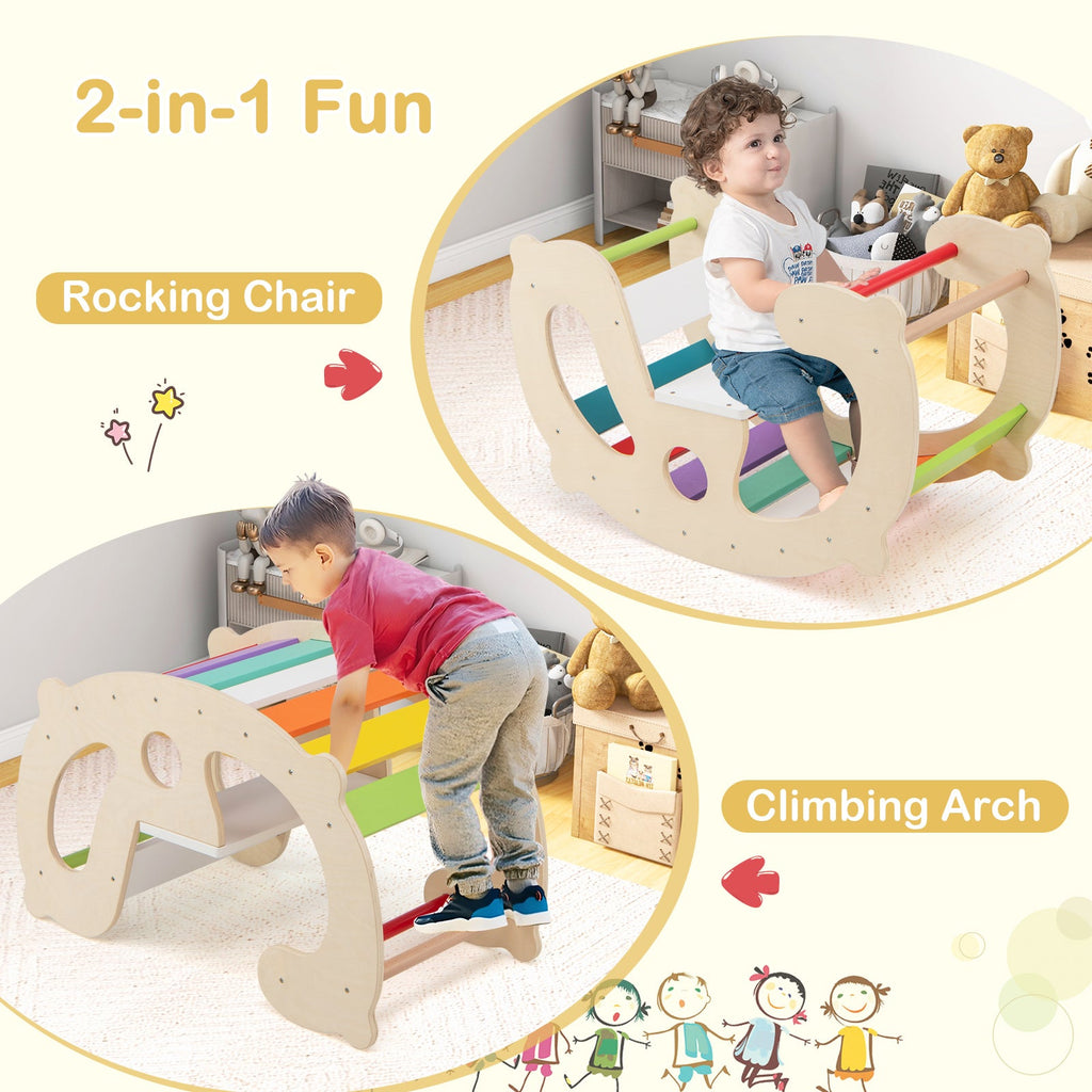 2-in-1 Rocking Horse Arch for Kids Montessori Climbing Toys with Arch Climber