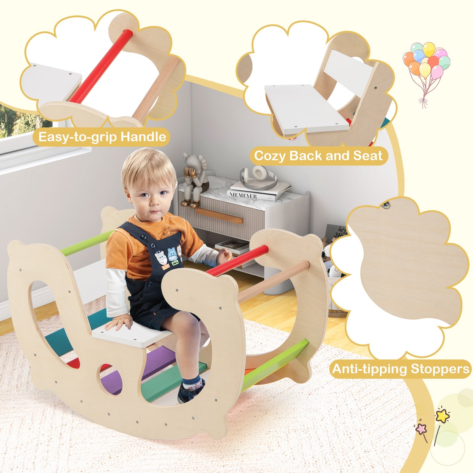 2-in-1 Rocking Horse Arch for Kids Montessori Climbing Toys with Arch Climber