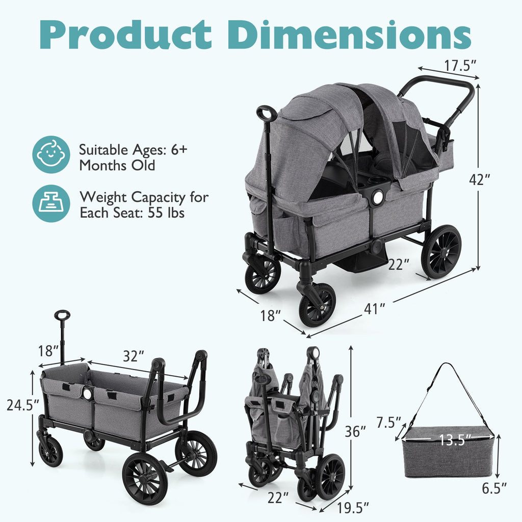 2 Seater Push Pull Collapsible Kids Wagon Stroller with Adjustable Handlebars