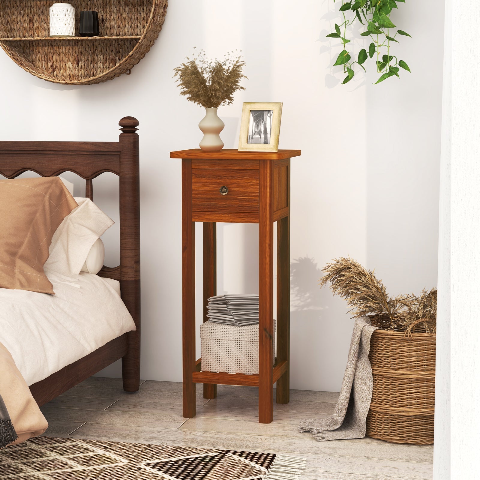 2 Tier Slim Nightstand Bedside Table with Drawer Shelf