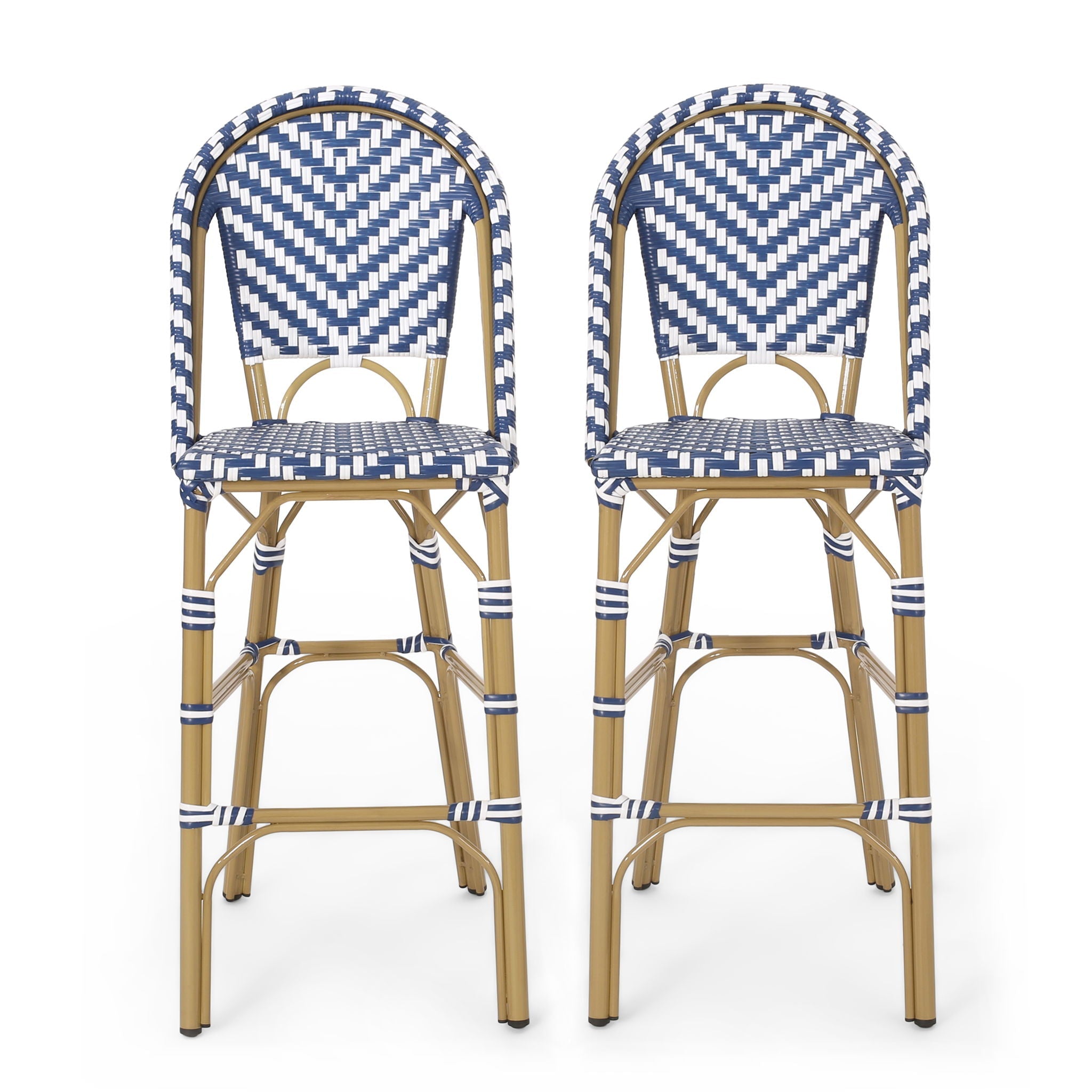 Outdoor Rattan French Barstool Set - Navy Blue & White