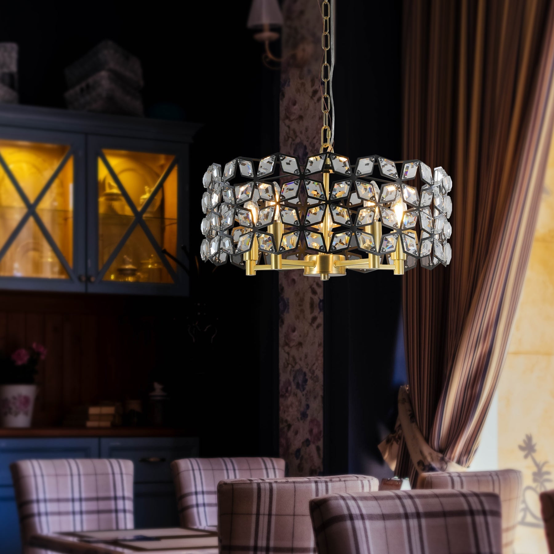 19' Geometric Crystal and BlackGold Round Pendant Chandelier