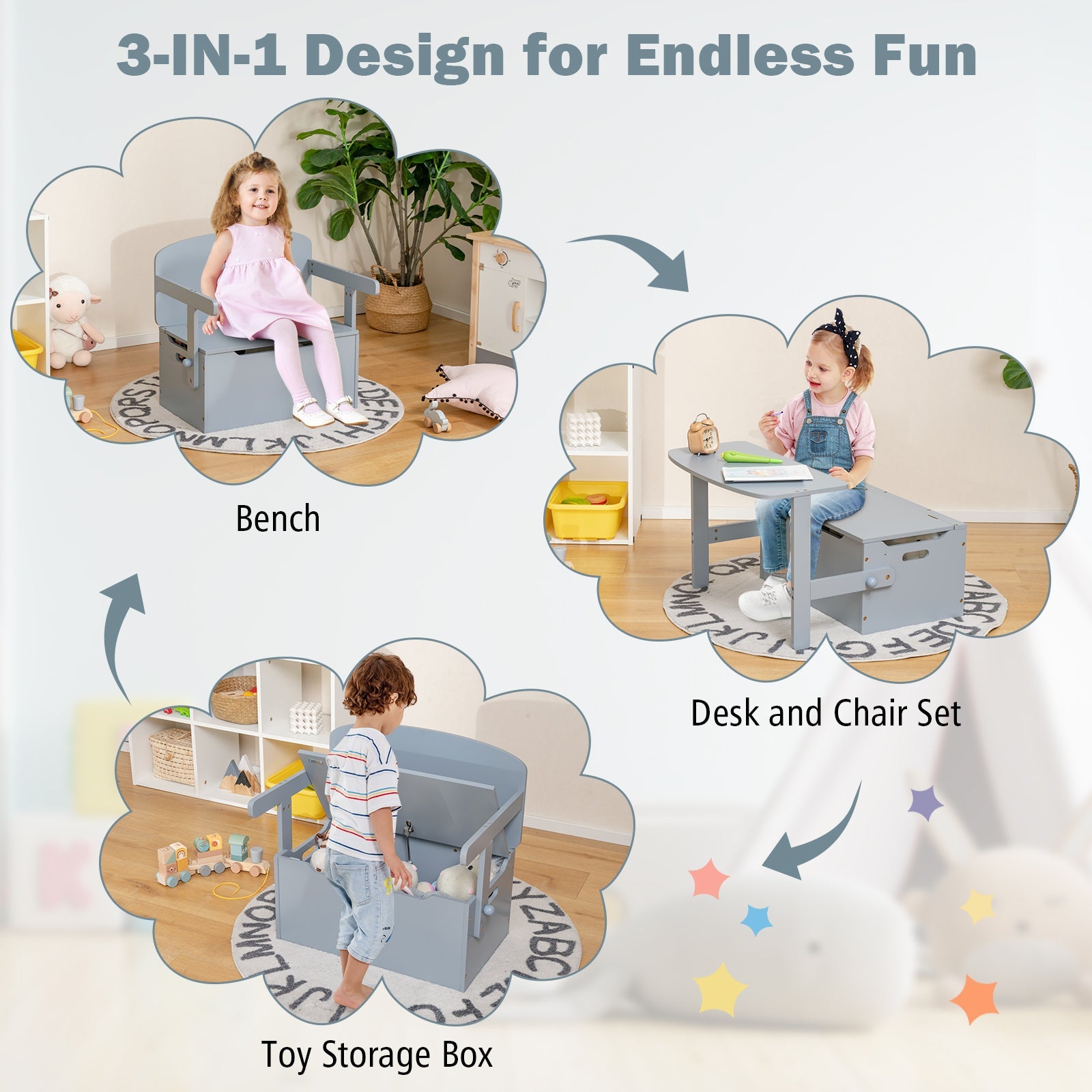 3-in-1 Kids Convertible Storage Bench Wood Activity Table and Chair Set