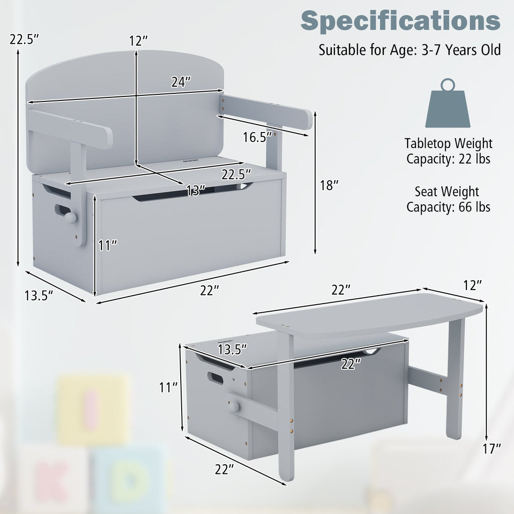 3-in-1 Kids Convertible Storage Bench Wood Activity Table and Chair Set