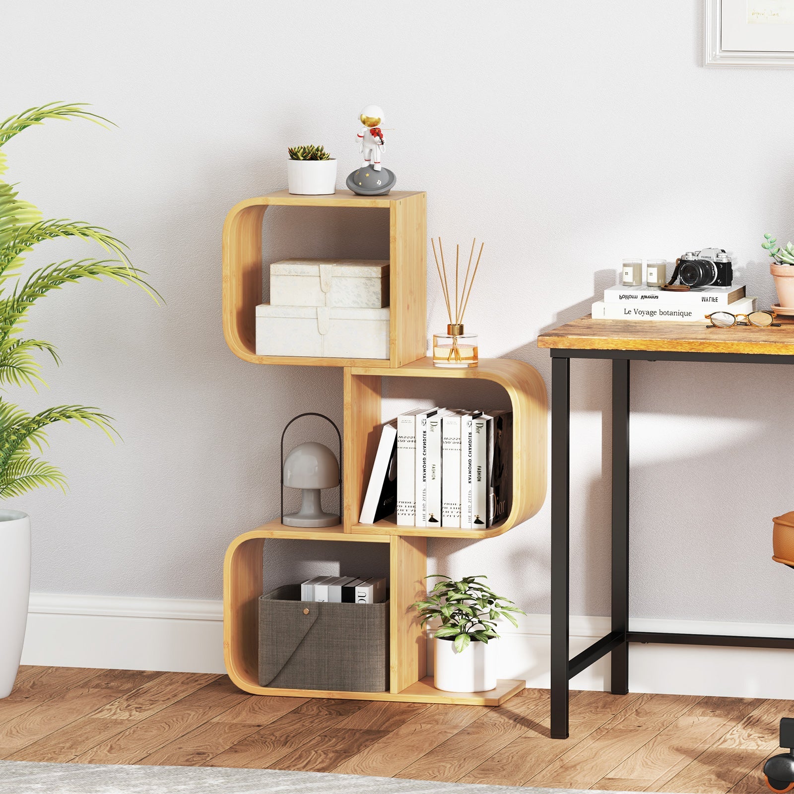 3-Tier S-Shaped Bookcase with 3 Open Cubes for Living Room-Natural