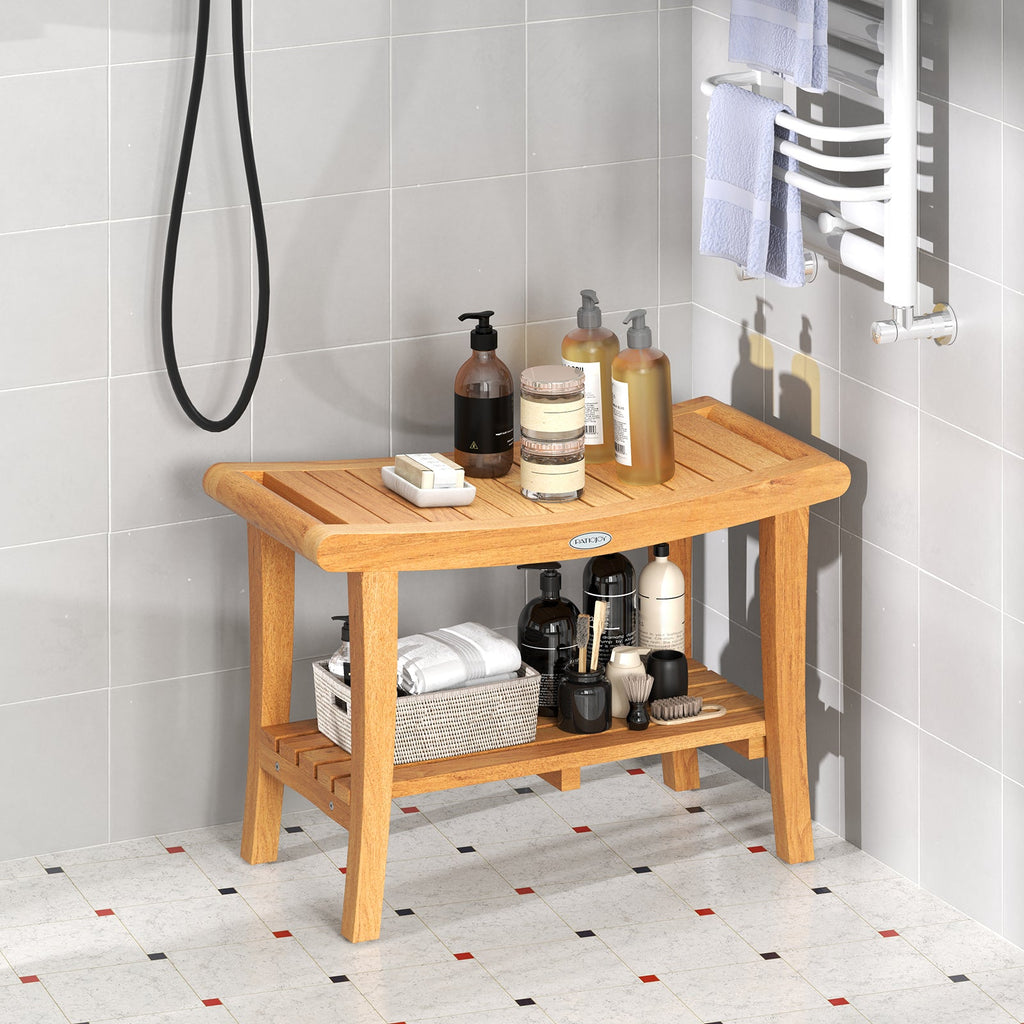 30 Inches Large Teak Shower Stool with Storage Shelf and Non-slip Footpads