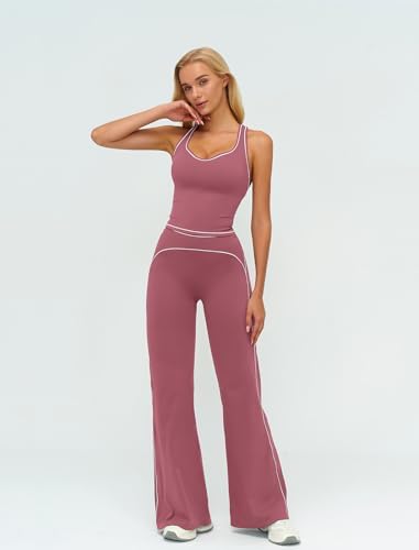ABOCIW Two Piece Workout Sets for Women Racerback Tank Top Matching High Waist Wide Leg Yoga Pants Pilates Outfits