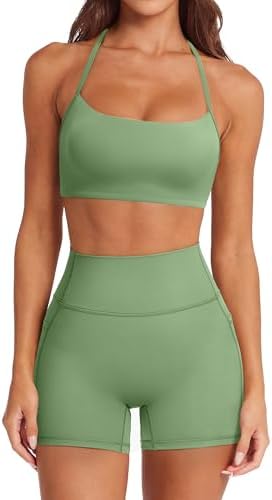 SUUKSESS Women 2 Piece Workout Sets Padded Halter Sports Bras High Waisted Biker Shorts with Pockets