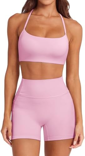 SUUKSESS Women 2 Piece Workout Sets Padded Halter Sports Bras High Waisted Biker Shorts with Pockets