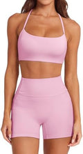 SUUKSESS Women 2 Piece Workout Sets Padded Halter Sports Bras High Waisted Biker Shorts with Pockets