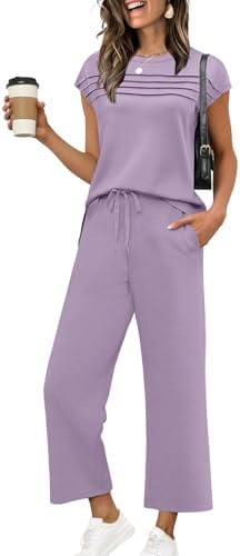 WIHOLL Two Piece Sets for Women Summer Spring Travel Vacation Outfits Cap Sleeve Lounge Matching Sets Wide Leg Pants S-3XL