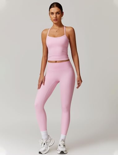 QBGJTD Womens Workout Sets Two Piece Cross Back Tank Top Matching High Waist Leggings Sets Gym Outfits Work Out Clothes