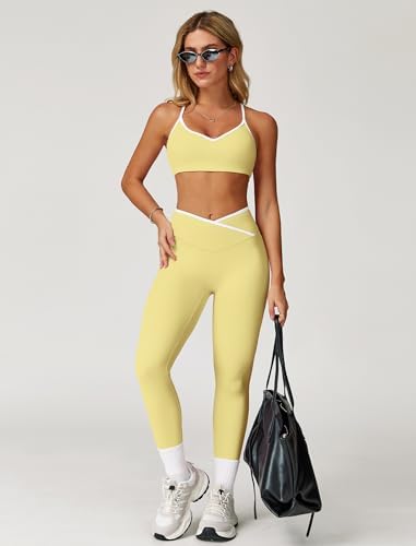 ABOCIW Workout Sets for Women 2 Piece Color Block Strappy Sports Bra High Waist Shorts Gym Yoga Pilates Outfits