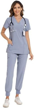 COZYFIT Scrubs for Women Set - Stretch V-Neck & Jogger Pant with 9 Pockets