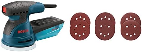BOSCH ROS10 120 Volt Random Orbit Sander, Blue, 5&BOSCH SR5R000 6-Piece Assortment 5 In. 8 Hole Hook-And-Loop Sanding Discs