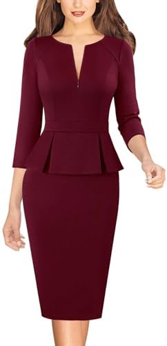 VFSHOW Womens Work Business Office Front Zipper Peplum Church Sheath Dress