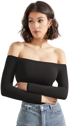 SUUKSESS Women Off Shoulder Long Sleeve Bodysuits Double Lined Basic Tops