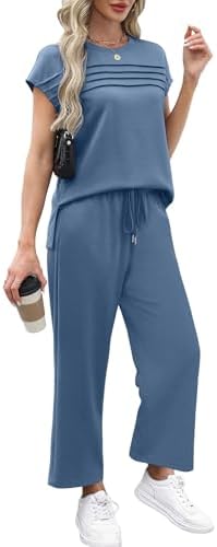 WIHOLL Two Piece Sets for Women Summer Spring Travel Vacation Outfits Cap Sleeve Lounge Matching Sets Wide Leg Pants S-3XL