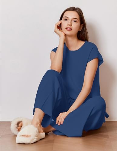 Ekouaer Lounge Sets for Women Two Piece Outfits Knit Cap Sleeve Tops Wide Leg Pleated Pants Casual Dressy Sweater Sets