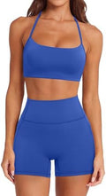 SUUKSESS Women 2 Piece Workout Sets Padded Halter Sports Bras High Waisted Biker Shorts with Pockets