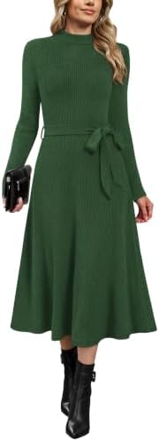 OFEEFAN Long Sleeve Dress Mock Neck Tie Waist Ribbed Knit Midi Dresses Fall Outfits