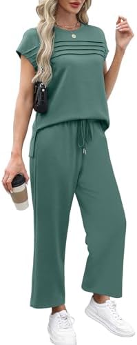 WIHOLL Two Piece Sets for Women Summer Spring Travel Vacation Outfits Cap Sleeve Lounge Matching Sets Wide Leg Pants S-3XL