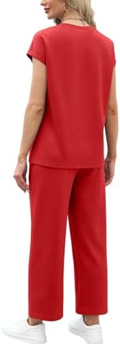 WIHOLL Two Piece Sets for Women Summer Spring Travel Vacation Outfits Cap Sleeve Lounge Matching Sets Wide Leg Pants S-3XL