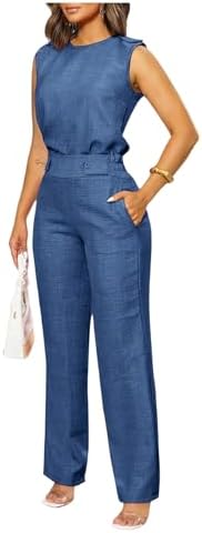 Floerns Women's 2 Piece Sets Dressy Outfits Bussiness casual Crew Neck Sleeveless Blouse and Elegant Pants Set