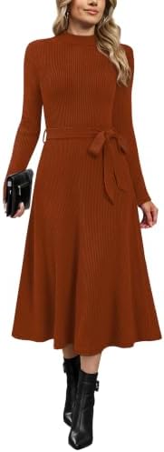 OFEEFAN Long Sleeve Dress Mock Neck Tie Waist Ribbed Knit Midi Dresses Fall Outfits