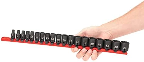 TEKTON 3/8 Inch Drive Impact Socket Set, 19-Piece | SID91114 | (6 - 24 mm), Shallow, 12-Point, Socket Rail