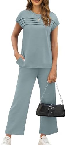 WIHOLL Two Piece Sets for Women Summer Spring Travel Vacation Outfits Cap Sleeve Lounge Matching Sets Wide Leg Pants S-3XL