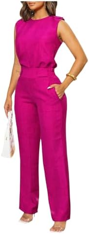 Floerns Women's 2 Piece Sets Dressy Outfits Bussiness casual Crew Neck Sleeveless Blouse and Elegant Pants Set