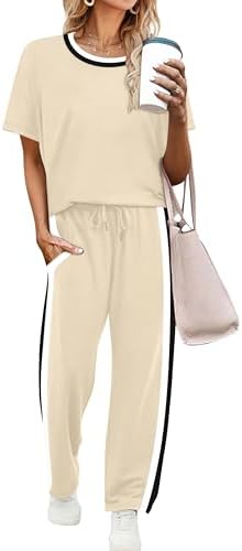 WIHOLL 2 Piece Lounge Sets for Women Matching Set Summer Outfits Short Sleeve Tops Wide Leg Pants with Pockets