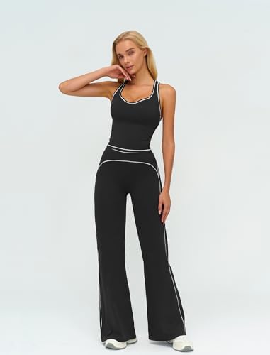 ABOCIW Two Piece Workout Sets for Women Racerback Tank Top Matching High Waist Wide Leg Yoga Pants Pilates Outfits