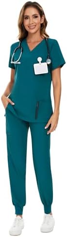 COZYFIT Scrubs for Women Set - Stretch V-Neck & Jogger Pant with 9 Pockets