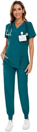 COZYFIT Scrubs for Women Set - Stretch V-Neck & Jogger Pant with 9 Pockets
