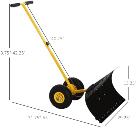 Outsunny Snow Shovel with Wheels Snow Pusher 29" Blade 10" Wheels Yellow