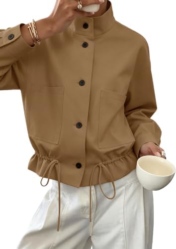 Womens Funnel Neck Jackets Fall Casual Ruffle Hem Cropped Coats