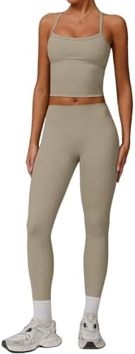 QBGJTD Womens Workout Sets Two Piece Cross Back Tank Top Matching High Waist Leggings Sets Gym Outfits Work Out Clothes