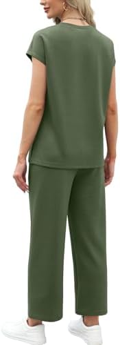WIHOLL Two Piece Sets for Women Summer Spring Travel Vacation Outfits Cap Sleeve Lounge Matching Sets Wide Leg Pants S-3XL
