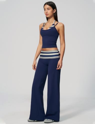 QBGJTD Womens Workout Sets Two Piece Striped Tank Top Wide Leg Yoga Pants Yoga Pilates Outfits